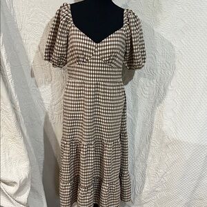 Brown and White Gingham Puff Sleeve Dress